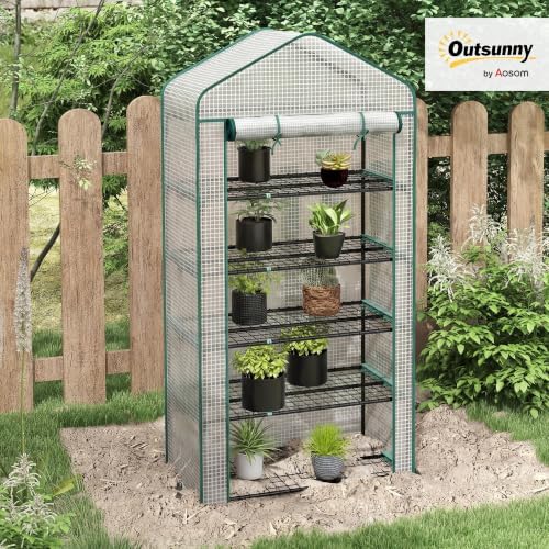 outsunny 5 tier mini greenhouse small portable 76" shown in use