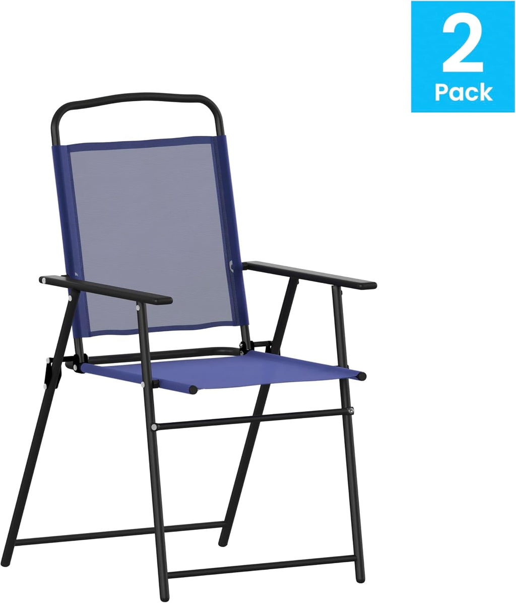 Flash Furniture Mystic Folding Patio Sling Chairs, Outdoor Textilene Lawn Chairs with Armrests, Set of 2, Navy | Textilene