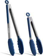 Tongs for Cooking, Stainless Steel Kitchen Tongs with Silicone Tips | 600ºF High Heat-Resistant, Non Scratch, Locking Tong for BBQ Grilling Air Fryer Food Salads, Set of 2 (9" and 12") Navy Blue