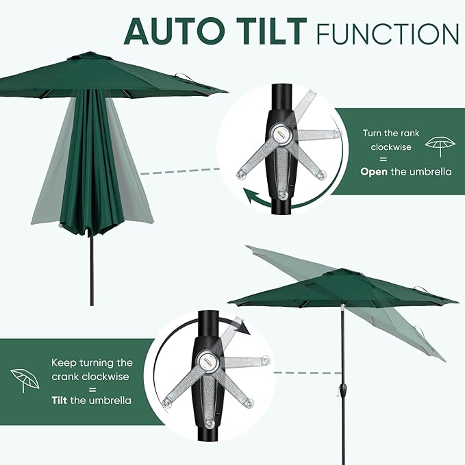 Tempera Patio Market Outdoor Table Umbrella with Auto Tilt and Crank, Large Sun Umbrella with Sturdy Pole & Fade Resistant Canopy, Easy to Set