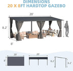 AECOJOY 20'x8' Outdoor Hardtop Metal Gazebo with Curtains and Netting for Patio, Large 8x20 Lean to Heavy Duty Wall Mounted Pergolas and Grill Gazebos Clearance, Patio Steel Roof Awnings for Decks