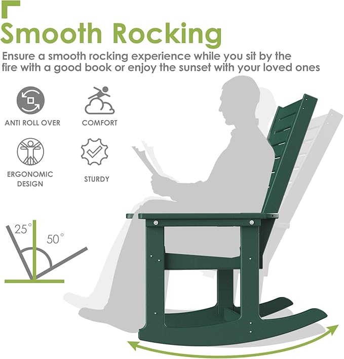 GREENVINES Outdoor Rocking Chairs | Set of 4 | Porch Rocker | HDPE Plastic | Forest | Oversized Rockers | High Back | Big & Tall | Ladder Back | for Patio Outside Backyard Balcony Garden