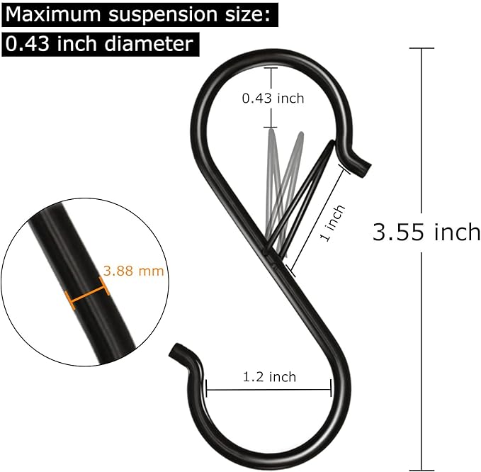 8 Pack S Hooks for Hanging, 3.5 inch Heavy Duty Metal S Hooks with Safety Buckle S Shaped Hooks Pot Rack Closet Hooks for Hanging Plants, Clothes, Kitchen Utensil, Pots, Pans, Bags (Black)