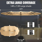 LEVELEVE 14FT Large Patio Patio Umbrella with Base & Solar LED Lights - Double-Sided,Kahaki