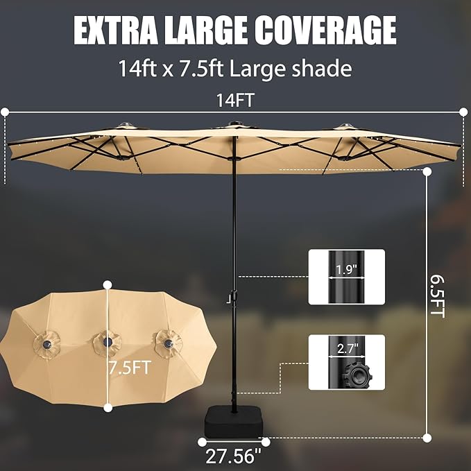 LEVELEVE 14FT Double-Sided Patio Umbrella with Base Included, Large Outdoor Rectangular Market Umbrella for Backyard, Poolside, Lawn & Garden, Khaki