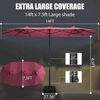 LEVELEVE 14FT Large Patio Umbrella with Base & Solar LED Lights - Double-Sided,Red