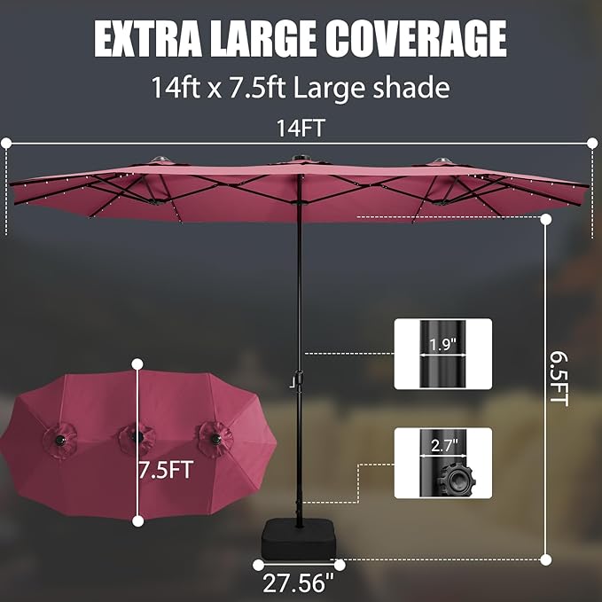LEVELEVE 14FT Large Patio Umbrella with Base & Solar LED Lights - Double-Sided,Red