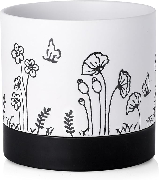 Nihow Ceramic Plant Pot: 6 Inch Planter with Drainage Hole & Saucer for Indoor & Outdoor Plants - Cylinder Round Flower Pot for Succulent/Herbs/Violets - White