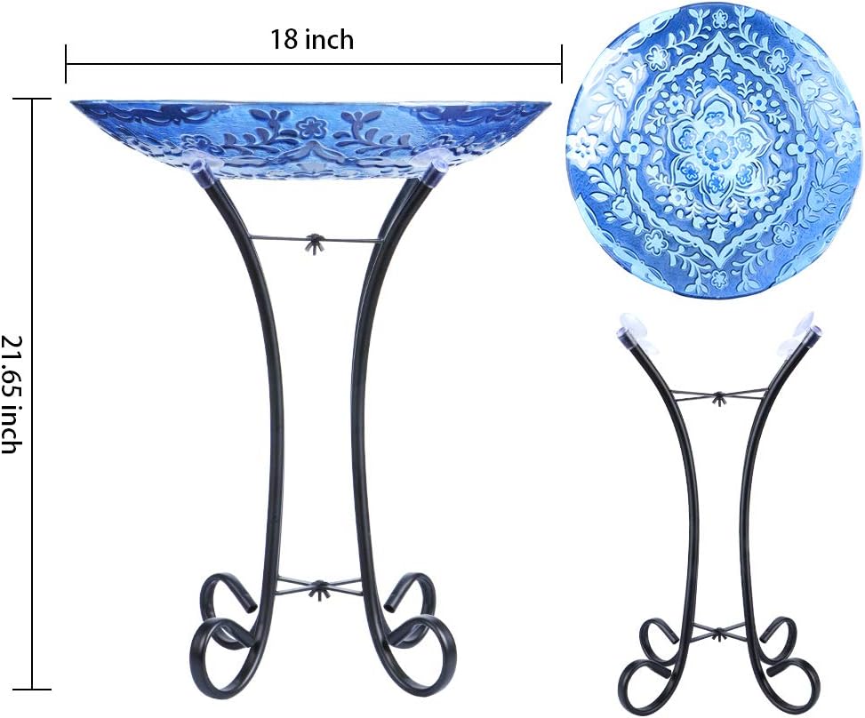 MUMTOP Outdoor Glass Bird Baths with Metal Stand for Lawn Yard Garden Decor | 18 Inch Diameter 21.65 Inch Height Outdoor Large Glass Bird Bath Bowl with Freestanding for Backyard Garden Decoration