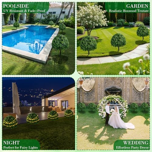 28 inch artificial boxwood trees, 2 sets faux, front angle view