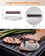 Brigii 8.5" Stainless Steel Smash Burger Press, Heavy Duty Smasher | 2.5lb, smooth surface, heat-resistant wooden handle, zero maintenance, dishwasher safe, for griddle and grill