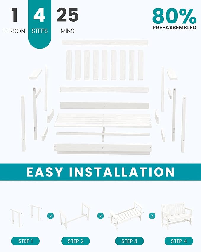 SERWALL Outdoor Bench, HDPE Outdoor Benches Weatherproof, 2-Person Garden Bench with 660 lbs Weight Capacity, Patio Benches for Outdoors, Garden, Porch, Backyard and Park, White