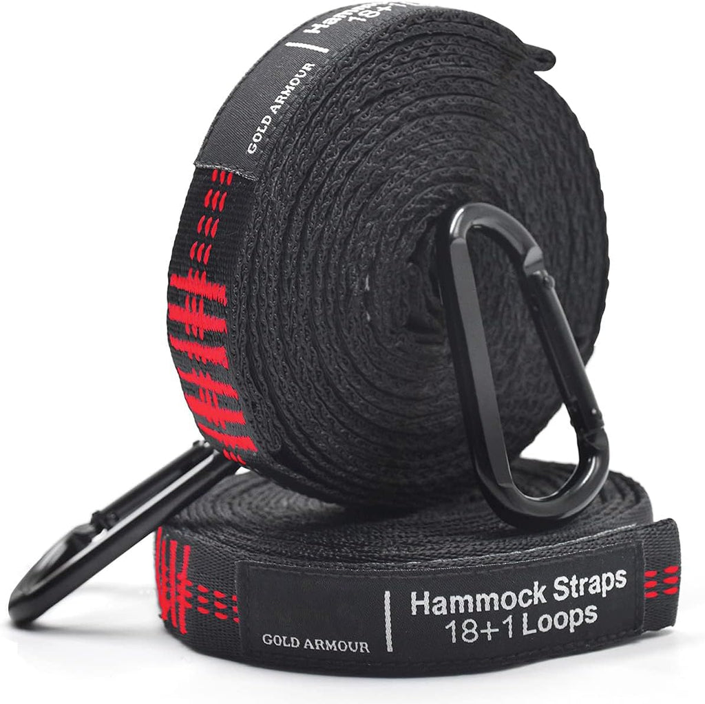 Gold Armour Hammock Straps XL Combined 20 Ft Long, 36 Loops with 2 Carabiners - Must Have Camping Hammock Accessories & Gear to Hang Camping Hammocks (Black with Red Stitching)