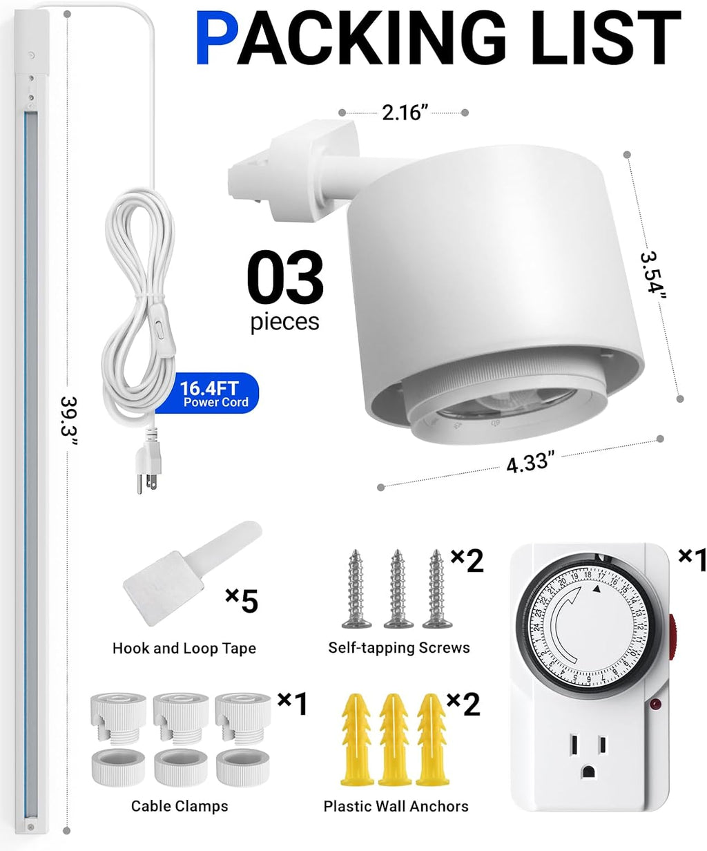 Barrina TR40C Track Grow Light, 5000K 3 x 40W, Full Spectrum, White Cover | Ceiling Grow Lamp with Adjustable Beam Angle, 3-Head H-Type Track Light for Growing Plants, High PPFD, With Timer, Power Cord