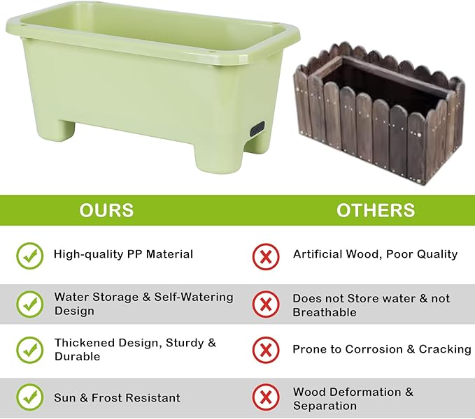 Self-Watering Rectangle Planter Boxes 8-Pack, 15.7-Inch Window Box Planter with Drainage Holes & Trays, Pots for Vegetables, Herbs, Flowers, Garden Windowsill Balcony (Light Green)