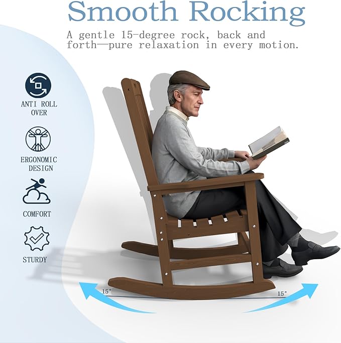 Oversized Rocking Chair, Outdoor Rocking Chair for Adults, All Weather Resistant Porch Rocker for Lawn Garden, Wood