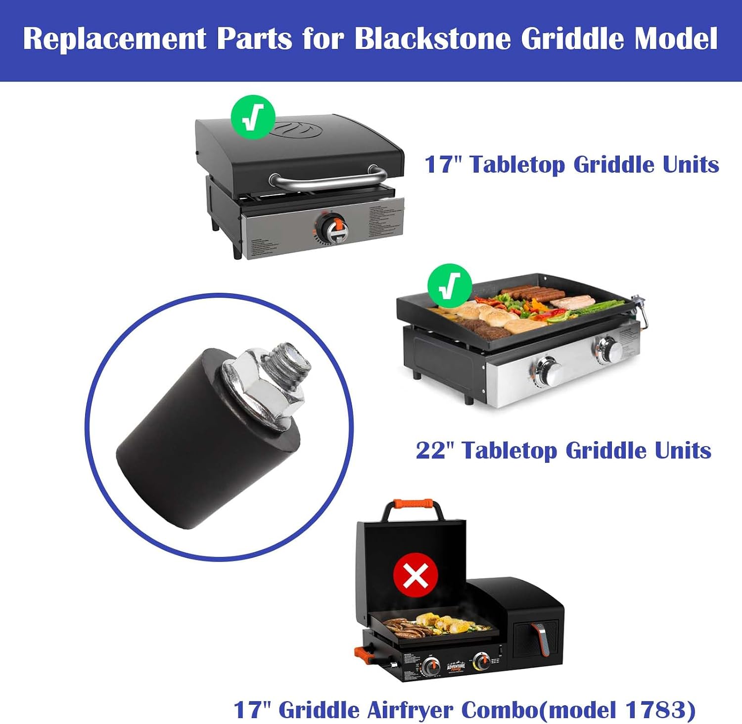 Short Stabilizing Feet for 17" & 22" Tabletop Griddle Blackstone Replacement Parts, Rubber Feet and Screw Nuts for 17 & 22 inch Table Top Blackstone Griddle Parts, Pack of 4