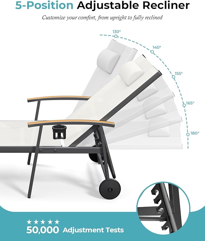 Ciokea Outdoor Lounge Chair with Pillow Set of 2, 5-Position Aluminum Chaise Lounge with Wheels & Armrests, 400 lbs Heavy Duty Patio Pool Chair for Backyard, Deck, Beach & Poolside, White