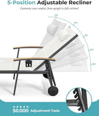 Ciokea Outdoor Lounge Chair with Pillow, 5-Position Aluminum Chaise Lounge with Wheels & Armrests, 400 lbs Heavy Duty Patio Pool Chair for Deck, Backyard, Beach & Poolside, White