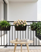 vensovo 16 Inch Railing Planter for Outdoor Plants - 5 Pack Large Metal Balcony Hanging Planters with Detachable Hooks and Drain Holes Oval Box Rail Pots for Home Garden Fence, Black