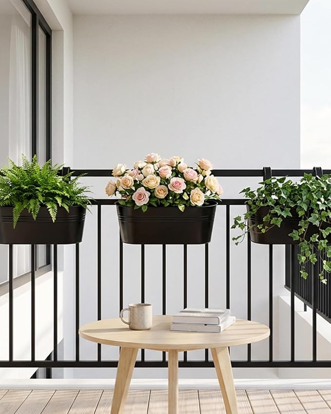 vensovo 16 Inch Railing Planter for Outdoor Plants - 5 Pack Large Metal Balcony Hanging Planters with Detachable Hooks and Drain Holes Oval Box Rail Pots for Home Garden Fence, Black