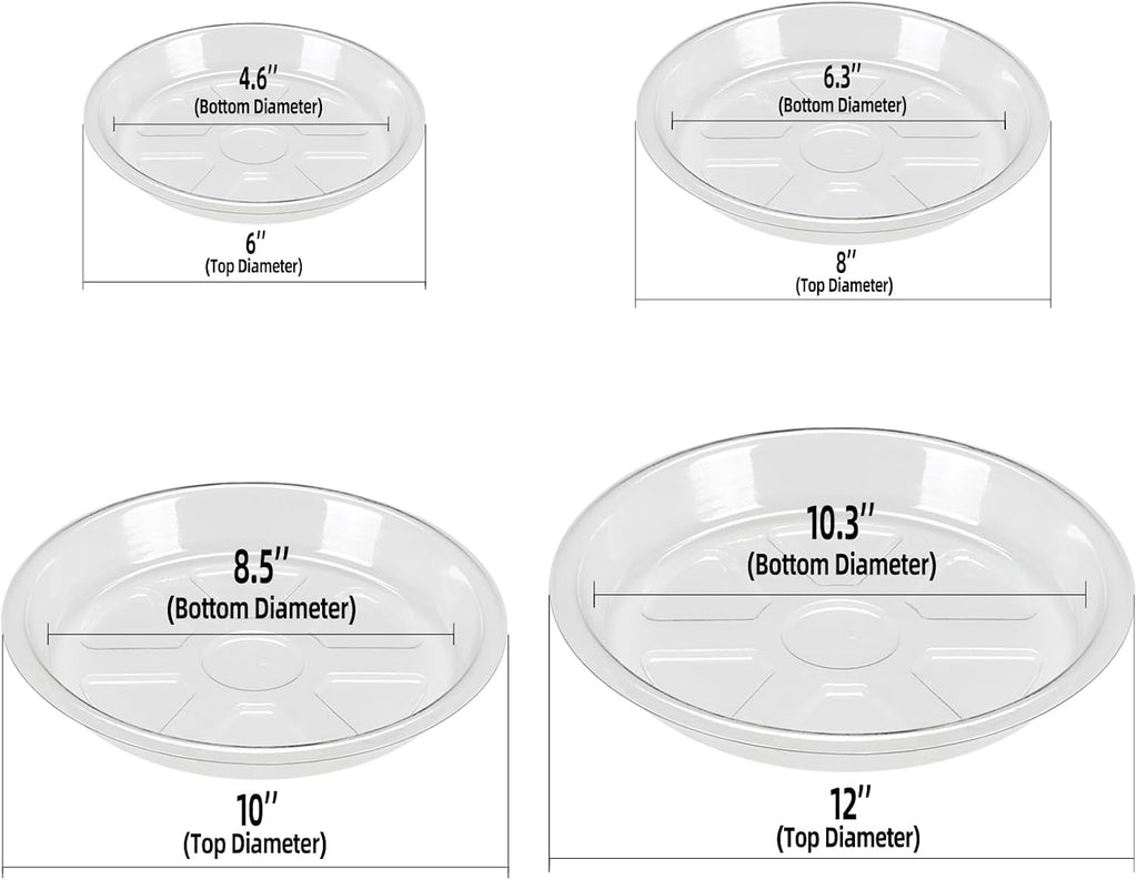BORPEIN Plant Saucer (6,8,10,12inch, 24 Pack) Clear Plastic Plant Trays for Pots Indoors Outdoors, Thicker Flower Pot Saucers, Plant Plate to Catch Water