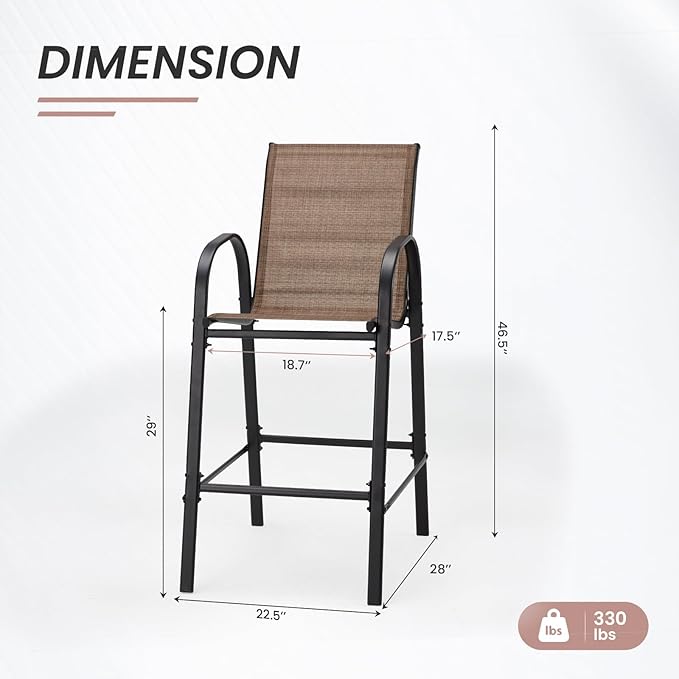 HOMREST Outdoor Bar Height Stools Set of 4,High Back Patio Chairs with Armrests,Textilene Chairs with Breathable Fabric & Metal Frame for All Weather,Brown