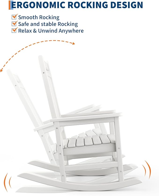 GarveeLife Poly Lumber Rocking Chair Outdoor Set of 4 - HDPE High Back Porch Rocker Chairs for Adults - All Weather Resistant Furniture for Patio - White