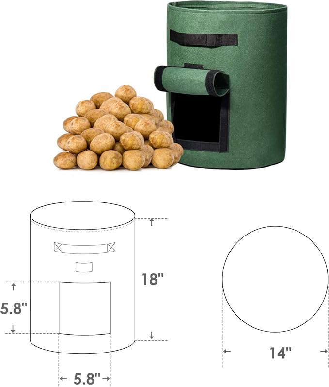 Delxo 10 Pack 10 Gallon Potato Grow Bags,Grow Bags for Vegetable with Window, Double Layer Premium Breathable Nonwoven Cloth for Potato/Plant Container/Aeration Fabric Pots with Handles in Green