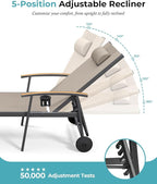 Ciokea Outdoor Lounge Chair with Pillow, 5-Position Aluminum Chaise Lounge with Wheels & Armrests, 400 lbs Heavy Duty Patio Pool Chair for Deck, Backyard, Beach & Poolside, Khaki