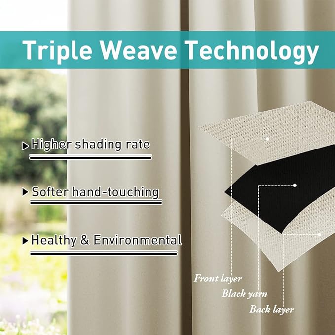 NICETOWN Detachable Sticky Tab Top Outdoor Curtain for Patio Waterproof, Triple Weave Sun Block Wind Prevention Blackout Indoor Outdoor Drapes Keep Sun/Rain Out, Beige, W52 x L108, 1 Piece