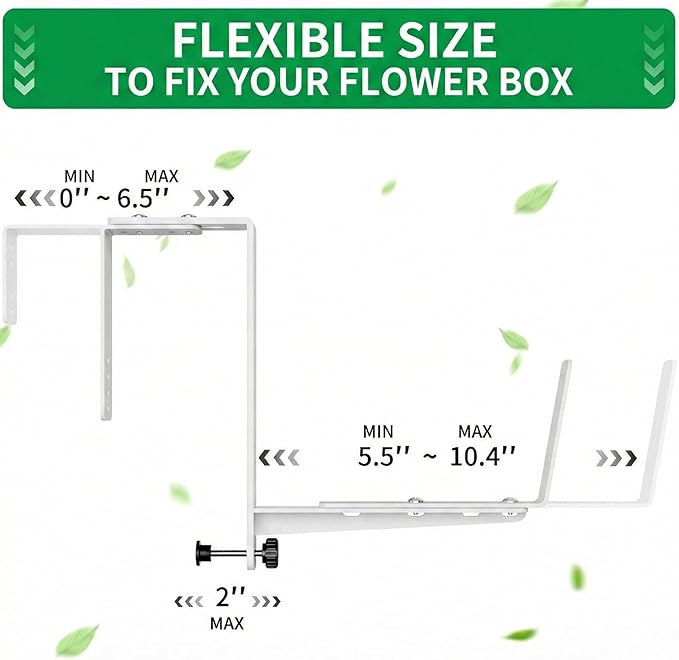 Window Box Brackets, Adjustable Planter Box Brackets, Heavy Duty Iron Flower Box Brackets for Railings, with Enhanced Bottom Support - Perfect for Balconies, Fences, and Gardens (White, 6 Pack)