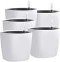 KINJOEK 5 Packs 7 Inch Self Watering Pot with Water Level Indicator, Modern Garden Decorative White Flower Pot, Flowers, African Violets, Succulents, White