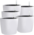 KINJOEK 5 Packs 7 Inch Self Watering Pot with Water Level Indicator, Modern Garden Decorative White Flower Pot, Flowers, African Violets, Succulents, White