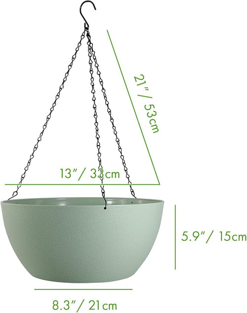 13 inch Large Hanging Planters Plant Pots for Outdoor Indoor Plants with Drainage Holes and Chain, 2 Pack Round Hanging Flower Pots for Garden Home Porch Decor, Green