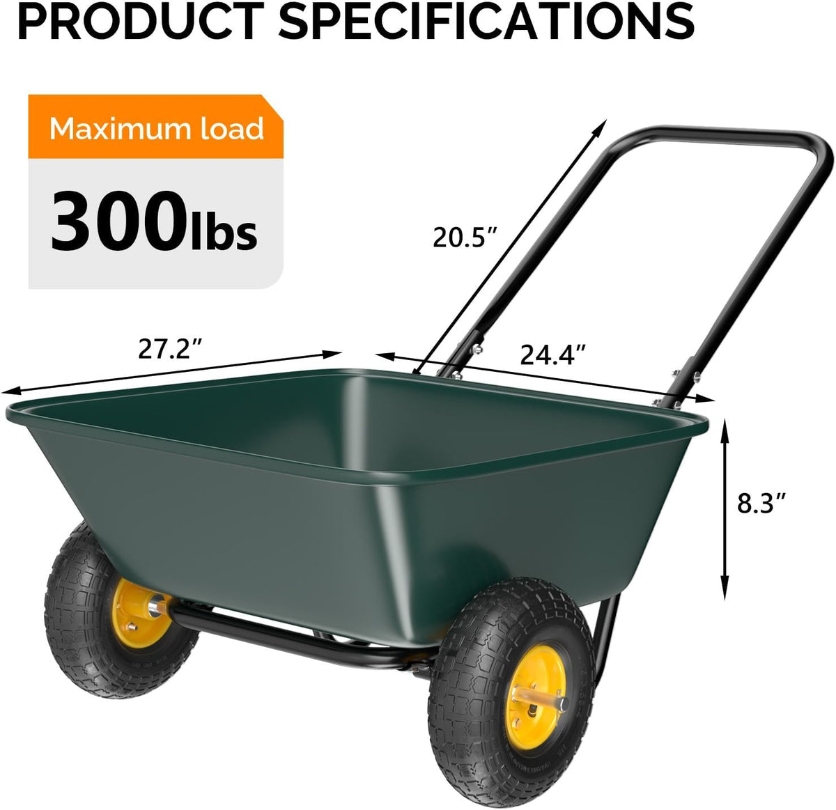 vingli 2 wheel wheelbarrow, plastic and steel wheel, front angle view