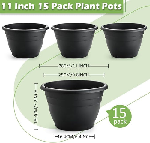 15 Pack 11 Inch Plant Pots with Drainage Holes,Black Plastic Flower Pots with Hanging Holes,Durable Planters for Indoor & Outdoor Plants,Nursery Pots