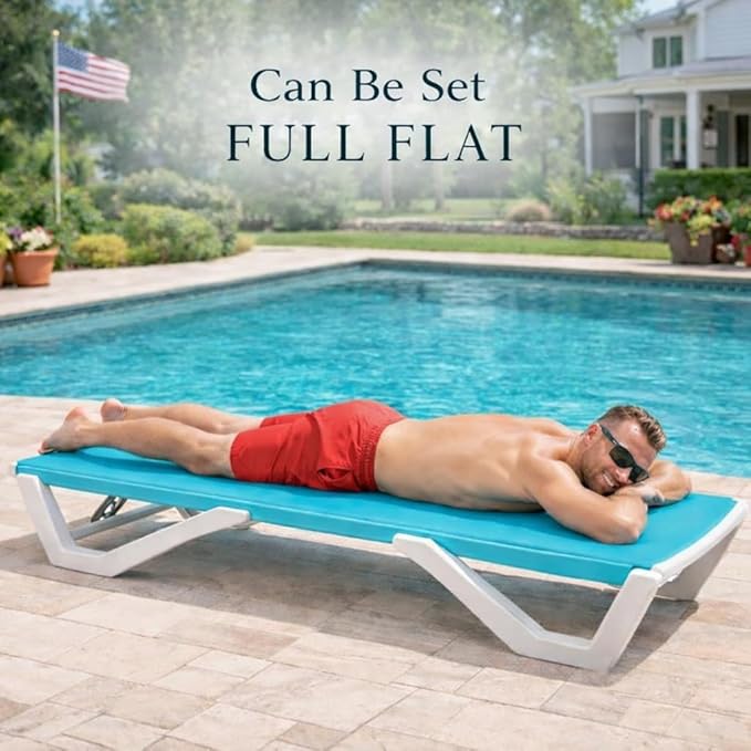 Kozyard Outdoor Chaise Lounge Chair, Full Flat Adjustable Patio Lounger with Aluminum Frame & Resin Legs, Textilene Fabric for Poolside, Backyard & Beach (Aqua/WhiteFrame, Chair + Table)