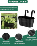 Metal Railing Planters for Outdoor Plants - 3 Pcs Balcony Hanging Flower Pots with Detachable Hooks & Drain Holes, Windowsill Oval Hanging Bucket Pots Fence Planters for Garden Home Decor, Black