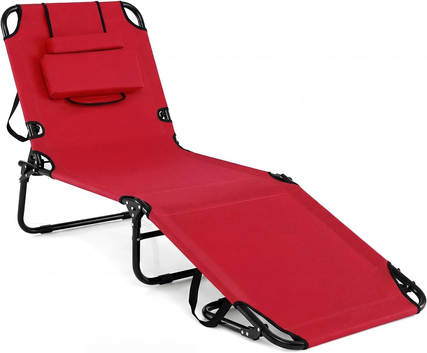 GYMAX Tanning Chair, 330lbs Beach Lounge Chair with Face Hole, Detachable Washable Pillow & Carry Strap, Adjustable Folding Chaise Lounge, Layout Chair for Outside, Patio, Poolside, Lawn (1, Red)