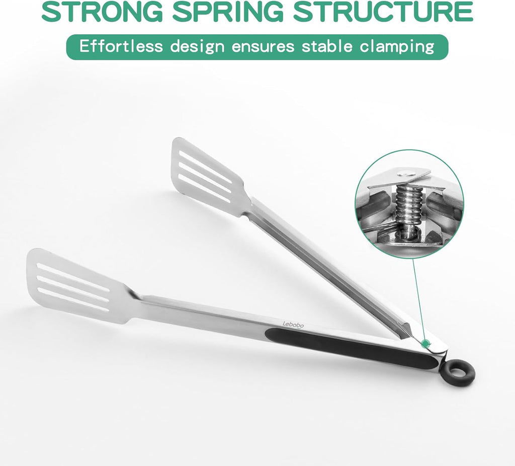 Tongs for Cooking, Set of 2 Metal Spatula Tongs for Grilling, Black | 9 inch & 12 inch, Flat Spatula Head, Comfortable Handle, Strong Grip, Easy Pull Lock, Flipping Utensil