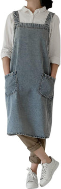 Denim Cotton Canvas Cross Back Aprons Solid Color Shop Kitchen Garden Square Smock for Women Girls with Pockets
