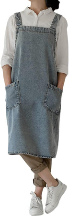 Denim Cotton Canvas Cross Back Aprons Solid Color Shop Kitchen Garden Square Smock for Women Girls with Pockets