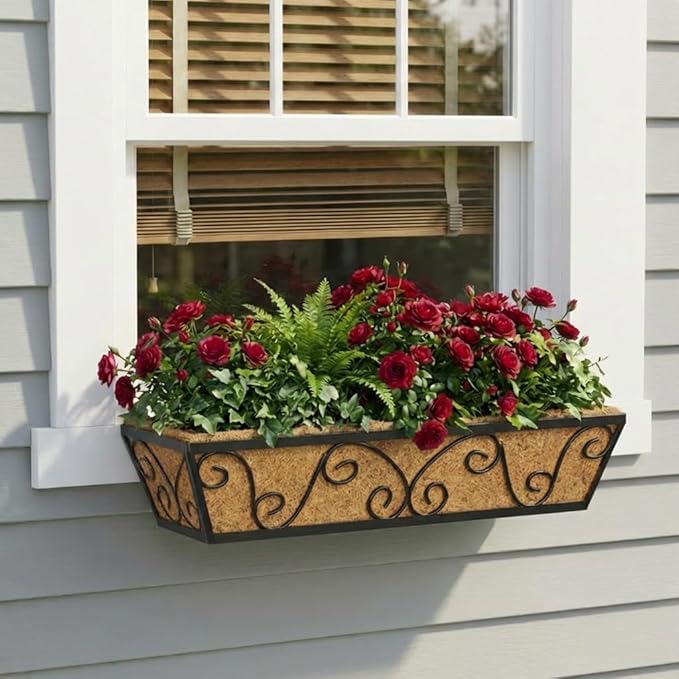 Y&M 24 Inch Window Deck with Coco Liner, Fence Metal Hanging Flower Planter Window Basket Deck Railing Planter Boxes for Outdoor Garden Lawn-Butterfly, 2pcs