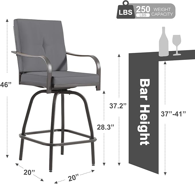 Patio Swivel Bar Stools Set of 6, Outdoor Bar Height Swivel Chairs with Cushions for Garden Balcony Backyard, Grey