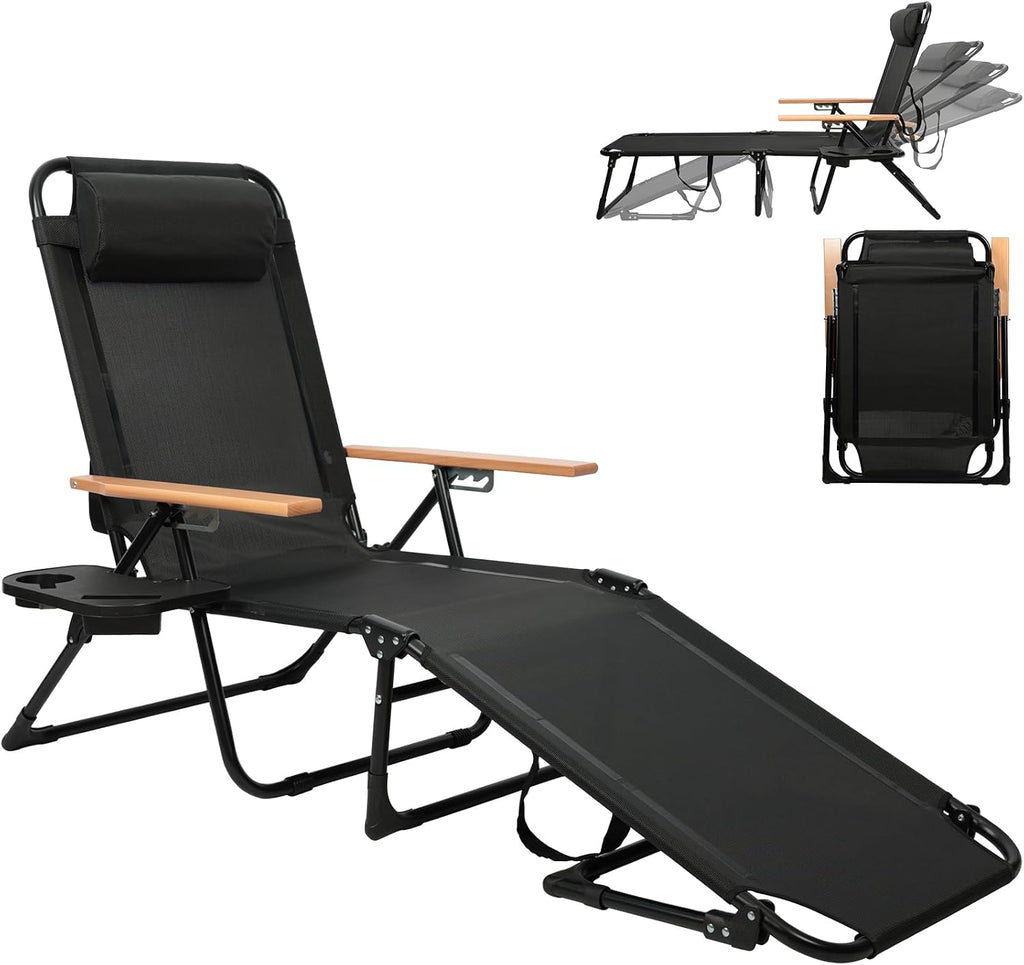 Folding Lounge Chairs for Outside, Beach Patio Lounge Chair, Sunbathing/Tanning Chair with 4 Adjustable Backrest & Cup & Pillow,Holds 330 Lb, Outdoor Garden Pool (Deep Black)