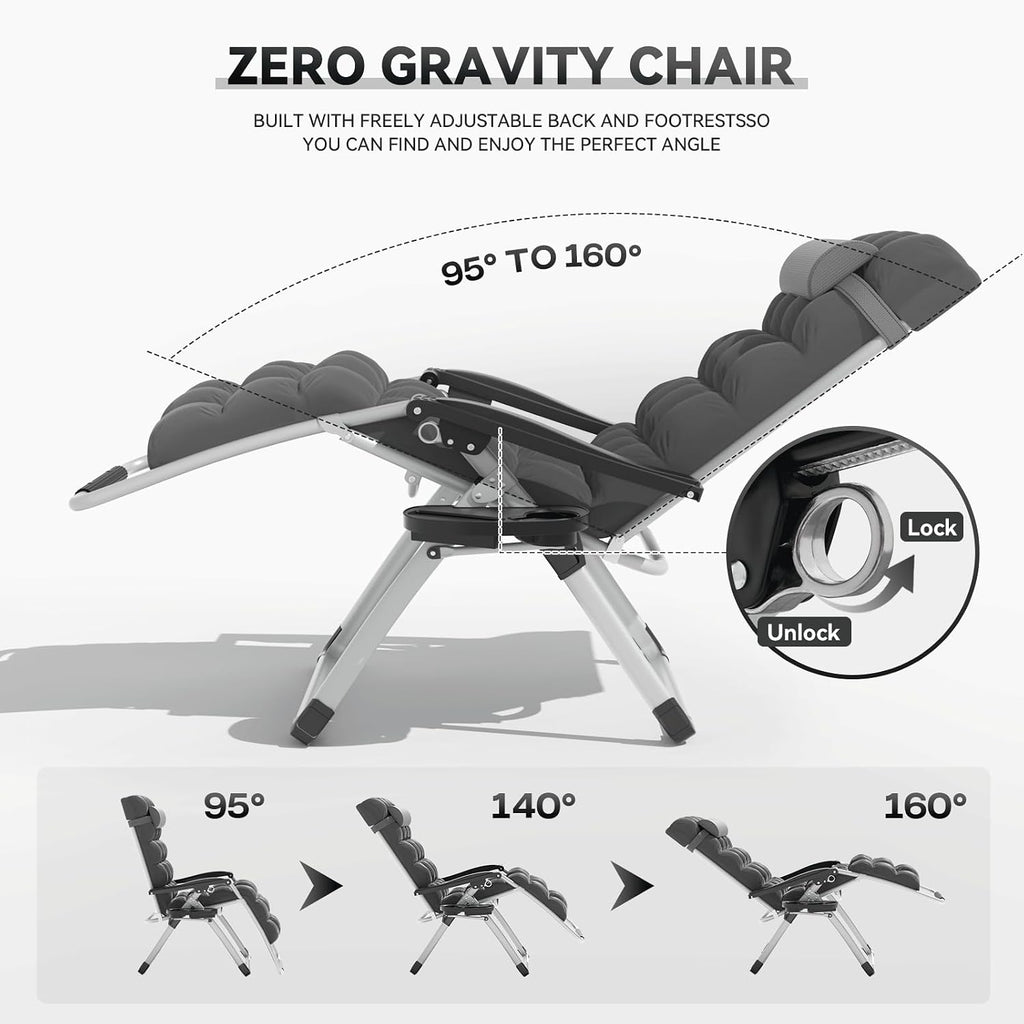Zero Gravity Chair, Portable Outdoor Chair, Reclining Patio Lounge Chair with Adjustable Pillow and Cup Holder Trays for Outdoor, Patio, Beach, Camping, Garden, Poolside, Gray