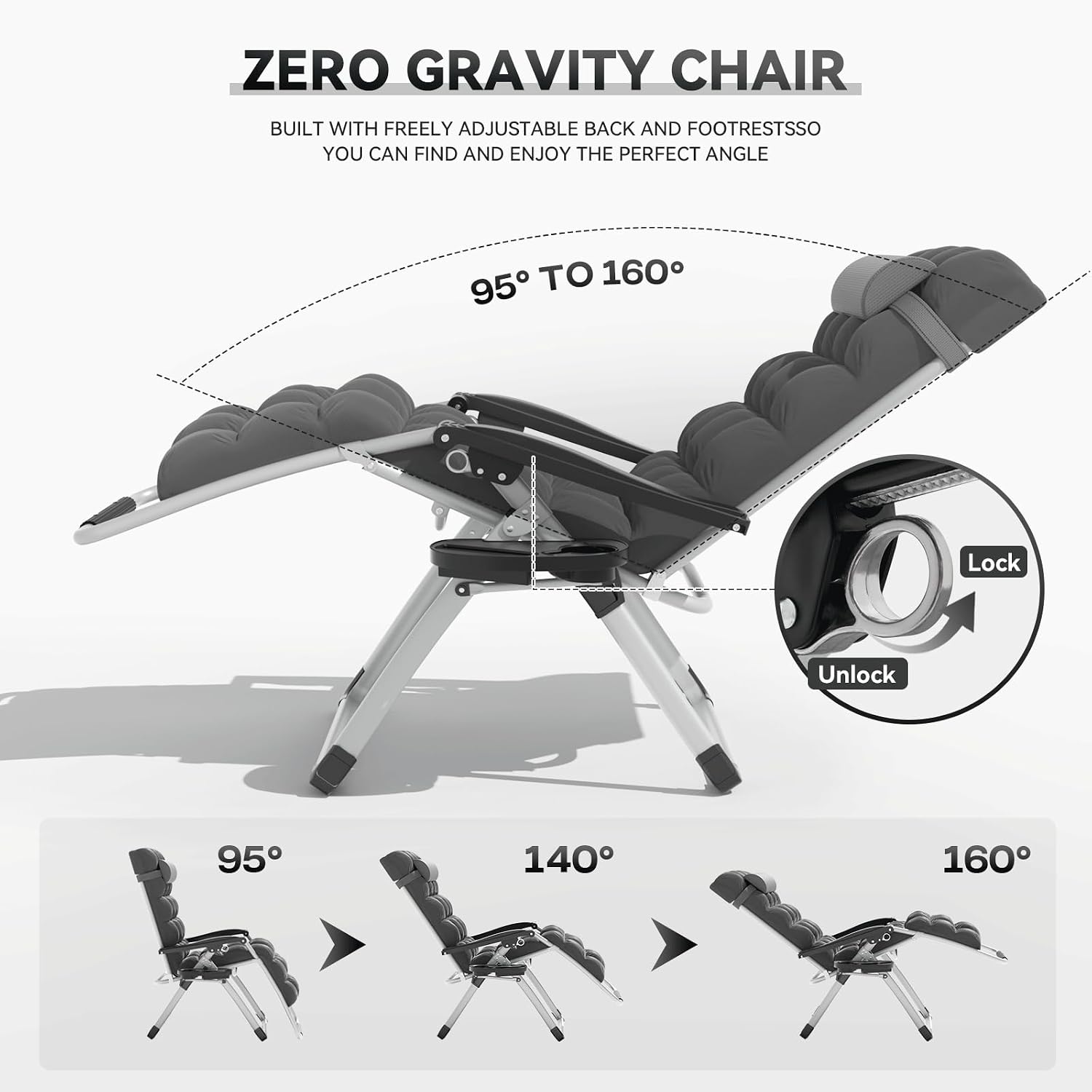 Zero Gravity Chair, Portable Outdoor Chair, Reclining Patio Lounge Chair with Adjustable Pillow and Cup Holder Trays for Outdoor, Patio, Beach, Camping, Garden, Poolside, Gray