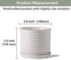 5.8 Inch Plant Pot: Ceramic Planter with Drainage Hole & Saucer for Indoor Outdoor Plants - Flowerpot with Bonded Tray for Home Office - Wave Embossed