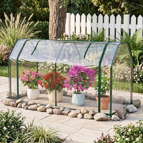 happygrill portable mini greenhouse w/roll-up zipper door & shown in use